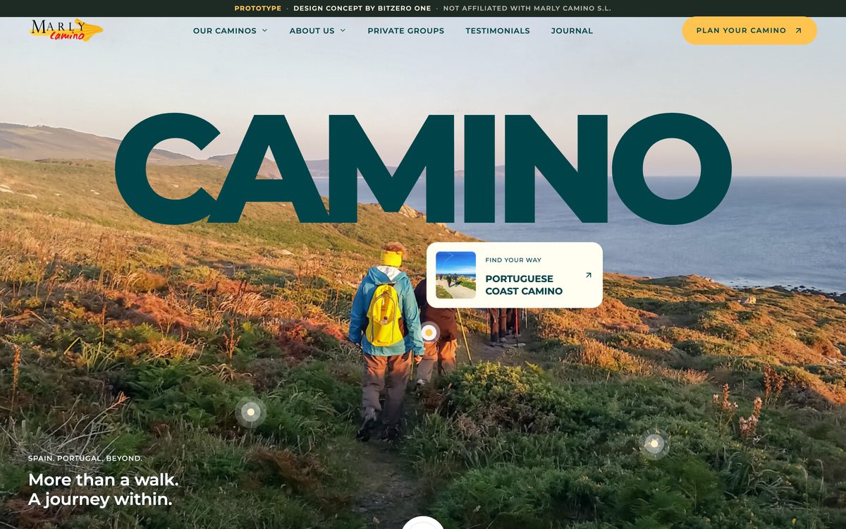 Propuesta B: la palabra CAMINO sobre una foto de la costa al atardecer, con acentos en el amarillo de Marly
